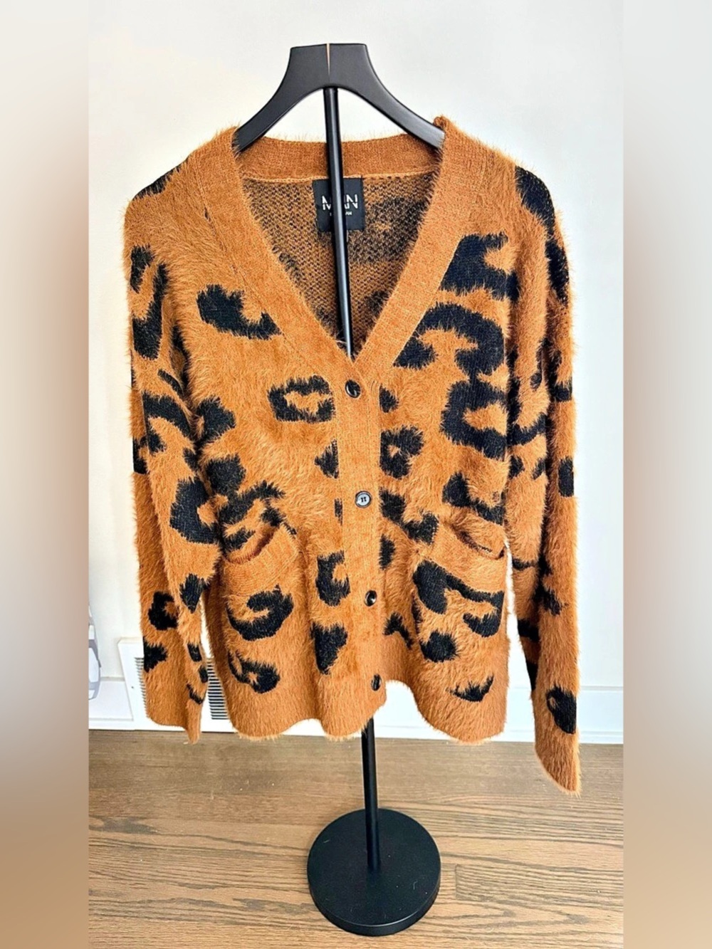 boohooMAN Animal Print Cardigan in Brown & Black Large